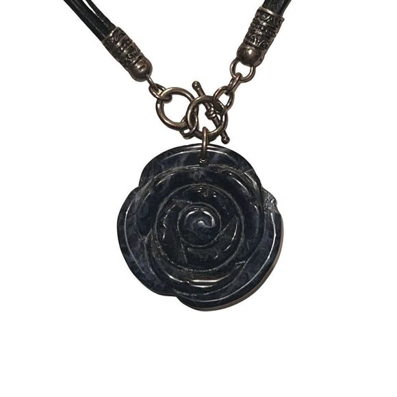 Vintage Genuine Blue Lapis Rose Pendent 925 Toggle Leather Choker Necklace - Picture 4 of 14